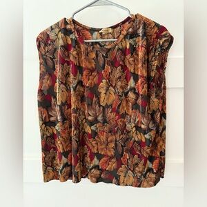 Vintage Plisse French Multicolor Leaf Print Sleeveless Crop Boho Blouse